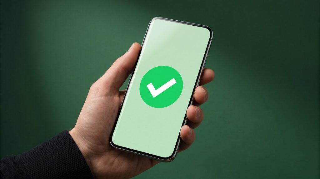 A hand holding a phone showing a green tick